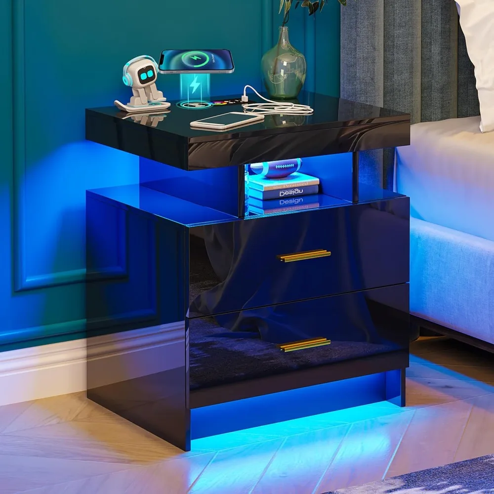 Night Stand with Light High Gloss Nightstand with USB Wireless Charging Station LED Black Nightstands with Storage Drawers