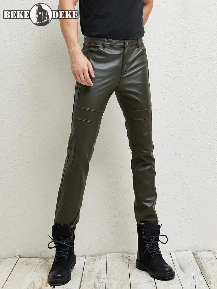 Mens Autumn Slim Fit Goatskin Genuine Leather Pencil Pants Motorcycle Biker Riding Pants Skinny Long Trousers Casual Streetwear