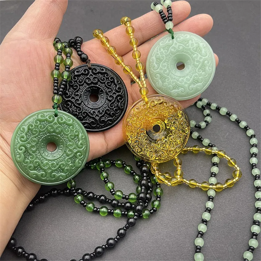 Black Obsidian Coin Pendant Necklace Healing Chakra Crystal Amulet Lucky Pingan Donut Necklace Fashion Jewelry Bijoux Jewelry