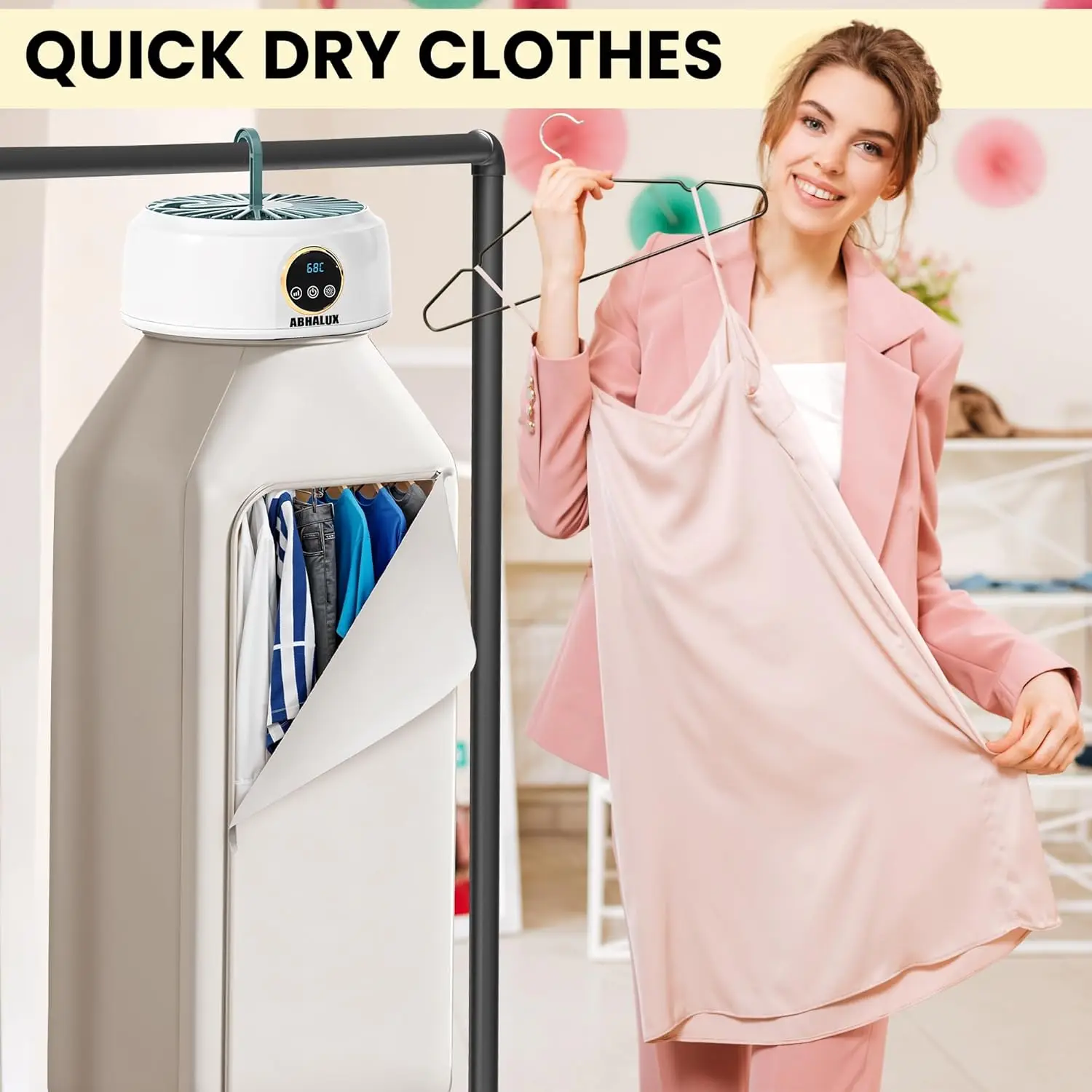 مجفف ملابس صغير محمول، مجفف كهربائي مدمج للشقق والسفر، سريع الجفاف مع مؤقت قابل للتعديل والعناية بالتجاعيد