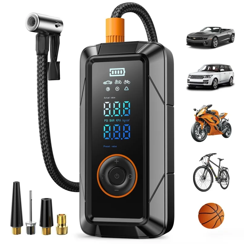 

Motorcycle Bicycle Pump 12V Car Power & Rechargeable Battery 2X Faster Inflation 150PSI Tire Inflator Portable Air Compressor