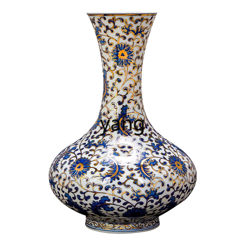 Yjq Jingdezhen Ceramic Vase Decoration Living Room Chinese Style Blue and White Porcelain Antique Shelf Gold Decoration