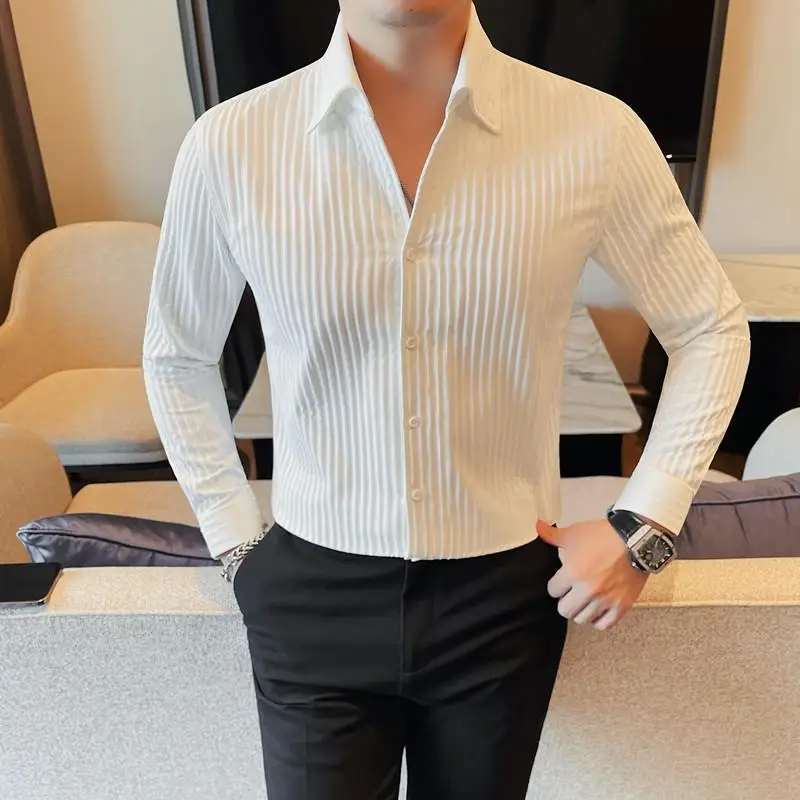 High Quality Striped Shirt for Men Slim Fit Long Sleeve Casual Shirts Business Formal Dress Shirts Social Party Tuxedo Blouse