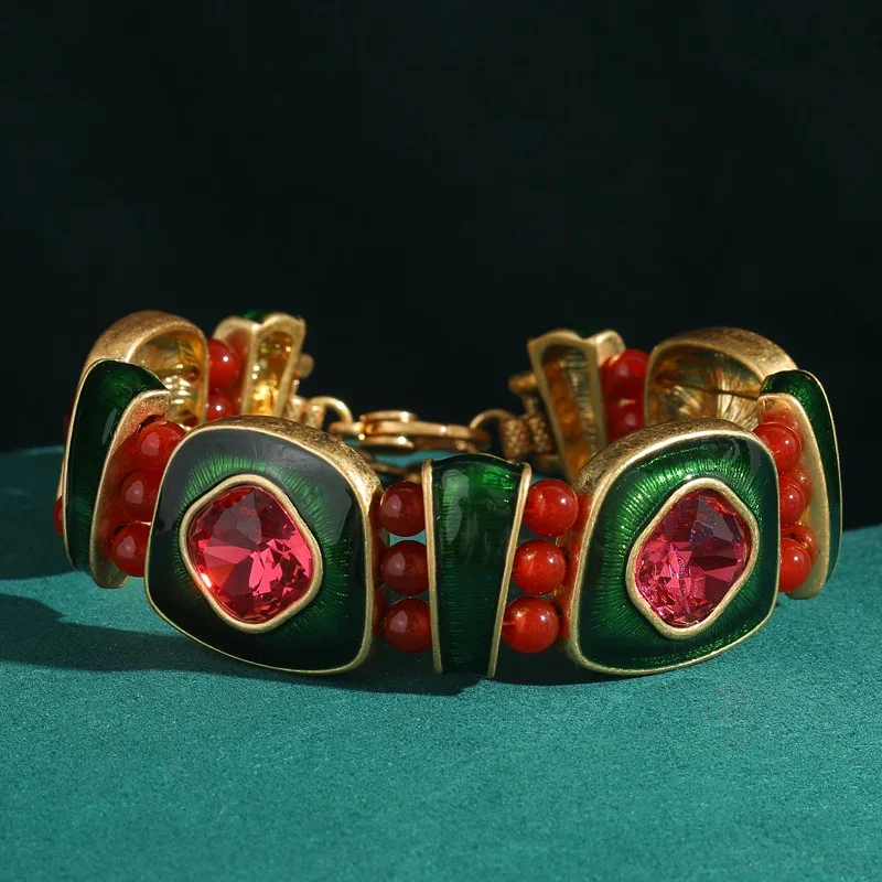 Vintage Fashion Crystals Pink Bangle Bracelet Thick Charm Green Enamel Sugar Cubes Accessories Woman Jewelry Luxury Retro Outfit