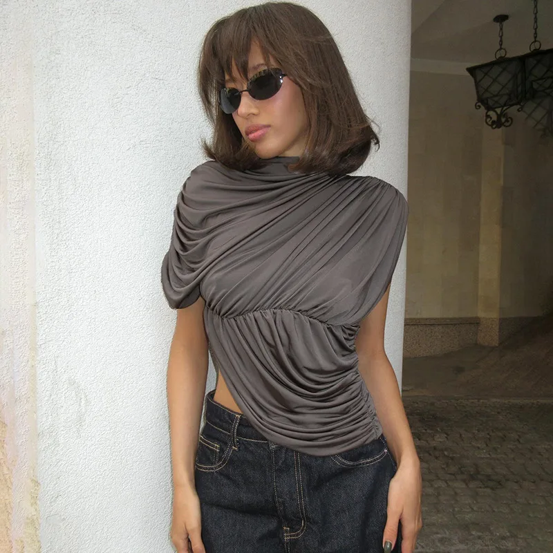 Ticketsx Irregular Ruched Top Women's Sexy Solid O Neck One-Sleeve Slim T-Shirt Female Fashion Casual Streetwear Tank Top Women