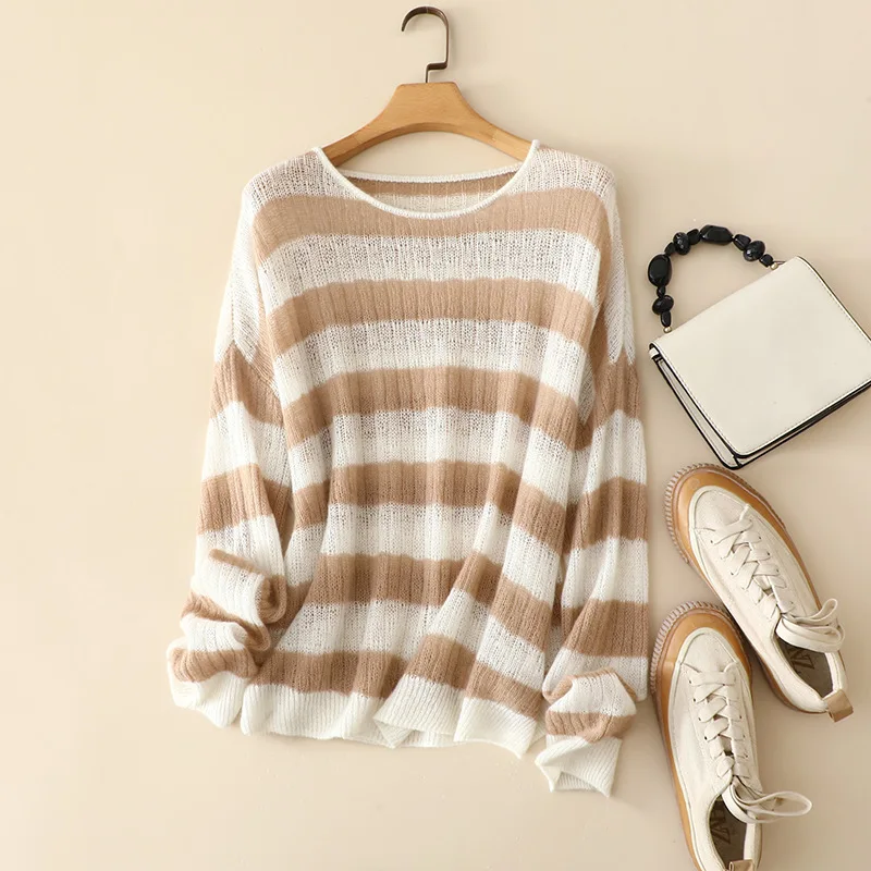 lightweight casual everyday wear 100% cashmere striped sweaters women