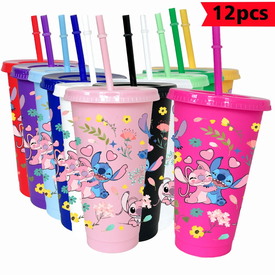 

12 шт./упак., многоцветная пластиковая чашка для воды Disney Stitch с цветочным принтом, 26 унций, вечерние посуда для напитков, подарок на день рождения/сзадня в школу