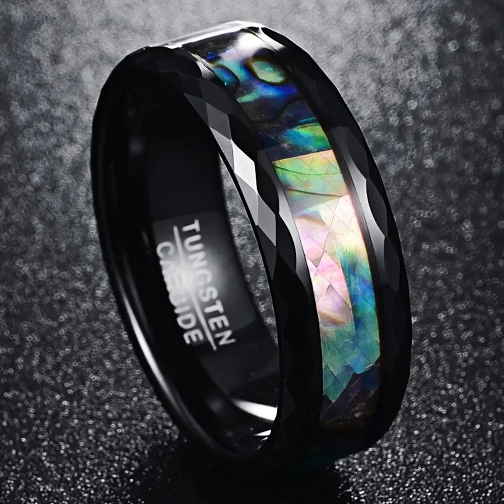 Fashion 8mm Stainless Steel Abalone Shell Rings For Men Women Inlaid Koa Wood Faceted Edge Men Engagement Rings Wedding Jewelry