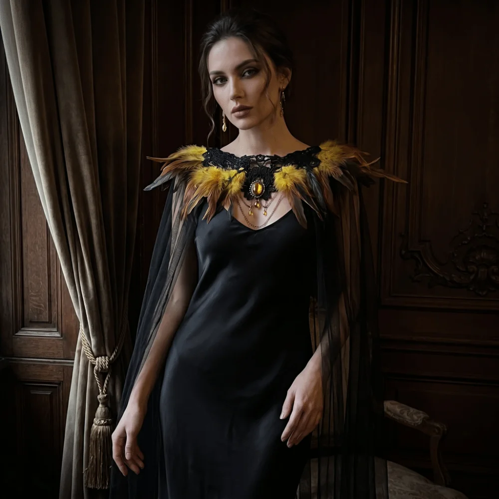Black Halloween Feather Cloak Fur Collar Elegant Hollow Lace Mesh Cape Flowing Mesh Fringe Festival Costume Cape Dance Cloaks
