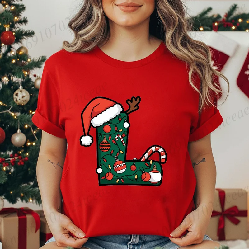 Świąteczna koszulka damska z nadrukiem liter alfabetu i czapki Świętego Mikołaja, modna koszulka streetwear, odzież damska, koszulka unisex