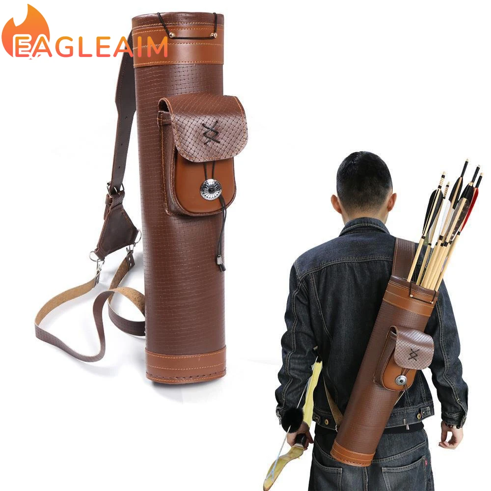 Traditional Shoulder Back Quiver Bow Leather Arrow Holder with Large Pouch Handmade Straps Belt Bag Brown