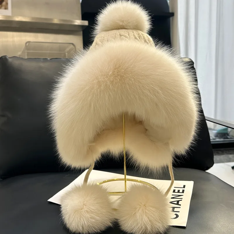 Echte vossenbontmuts Gehoorbescherming Bontmuts voor dames Winter Pluizige echte bontmutsen Outdoor Koudbestendige pet Luxe gebreide bontmutsen