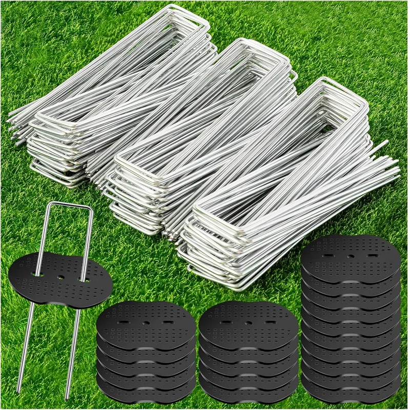 

100Pcs U-shaped Ground Pegs with Buffer Washers Garden Pegs for Securing Weed Landscape Fabric Netting Garden Lawn Accessories