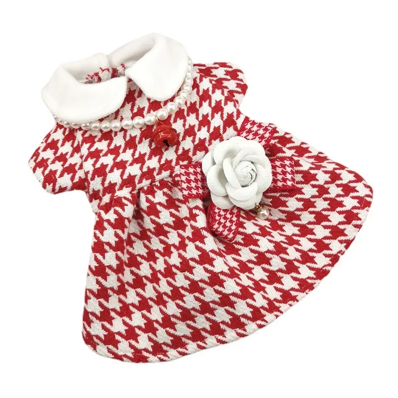 Autumn Winter Christmas Dog Dress Cute Flower Dog Clothes Red Plaid Dress Cat Pet Clothing Coat Dog Dresses for Small Dogs