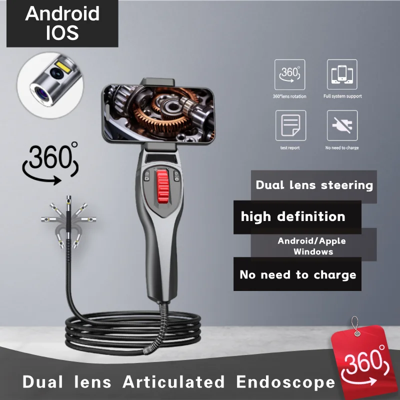 Dual Lens 6.5mm Two-Way 360° Articulating Endoscope Camera With 6 Light Sewer Pipe Repair Industrial Borescope For Android/iOS