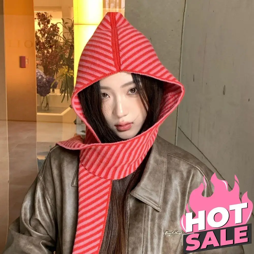 

Autumn Winter Korean Striped Hat Scarf Women's Warm Shawl Scarf Wool Knitted Hat Hooded Beanies Cap Neck Collar Scarf Bonnet New