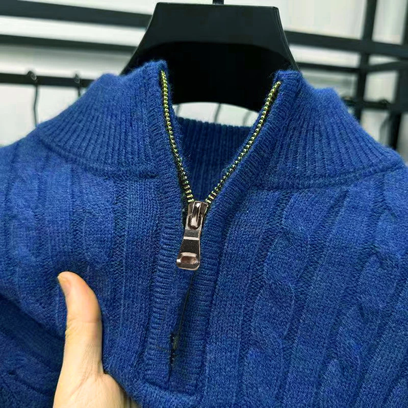 

100% Cotton Sweater Men's Clothing Warm Knit Half High Collar Zip Pullover Jumper Top Solid Color Male Clothes 8509