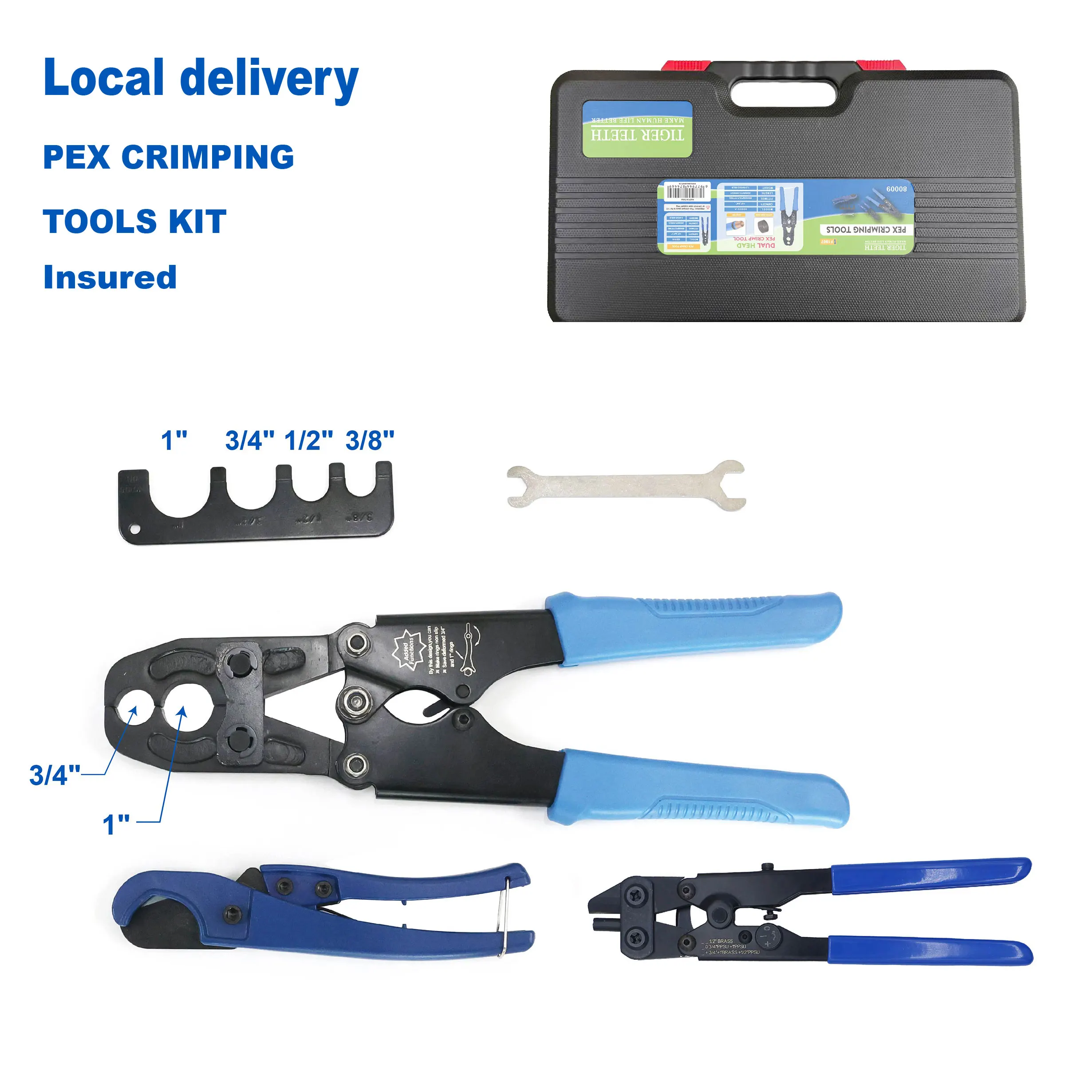 

TIGER TEETH PEX Crimping Tools Kit; 1/2" & 3/4" PEX B crimping tool, pipe cutter, Copper Ring Removal Tool; 1 Pcs/case; 80009