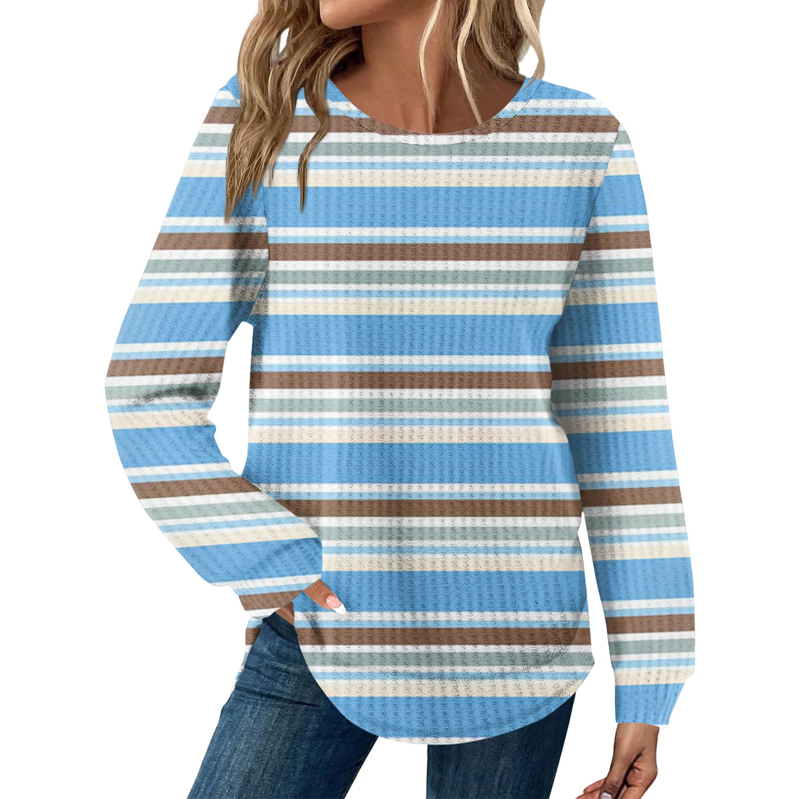

Women'S Striped Print Round Neck Long Sleeve Loose Casual Top Autumn Winter Sweatshirts Women Fashion Waffle Patchwork Long Slee