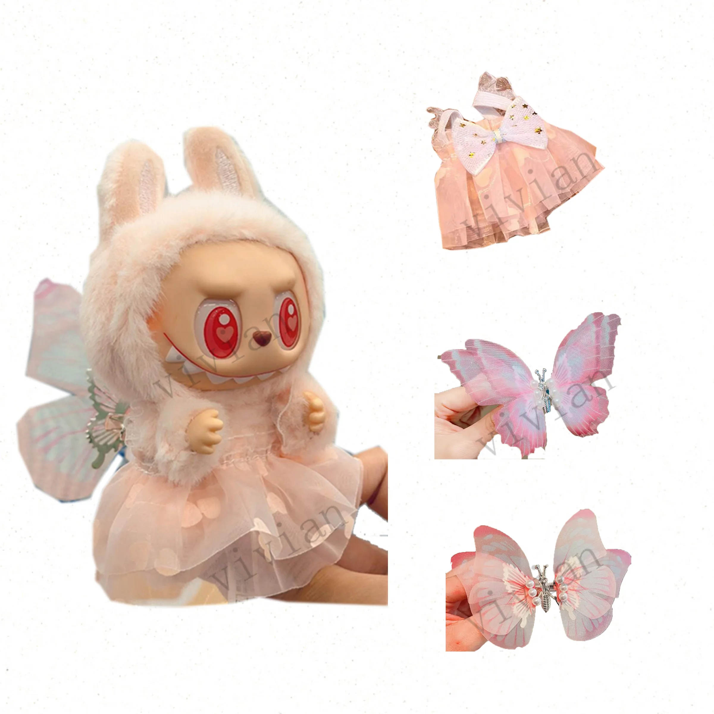 Mini Doll'S Clothes Outfit Accessories For 15cm Labubu V2 Love bow princess gauze skirt will move butterfly hairpin Clothing