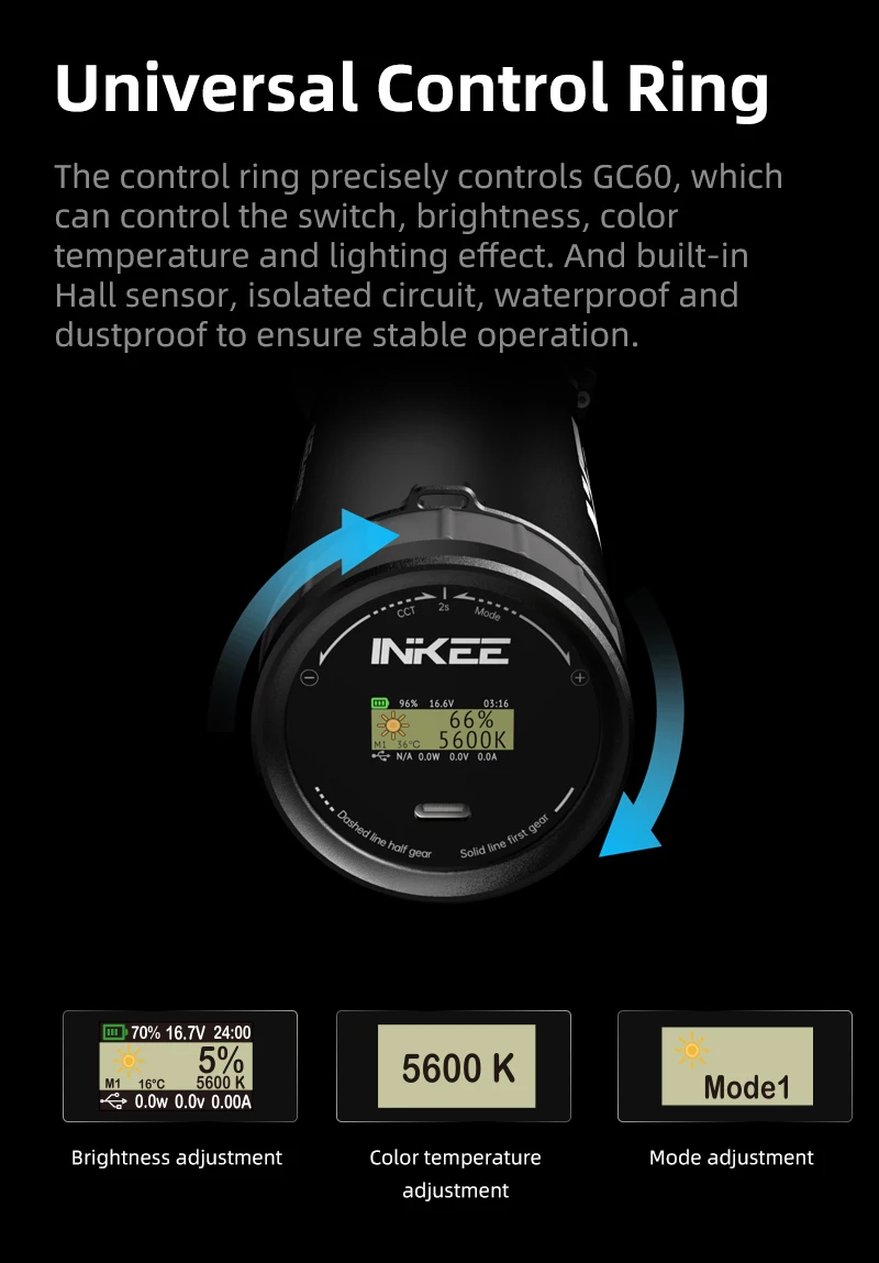 INKEE-GC60 LED 사진 조명, 2700-6500K, 비디오 라이트, 38400mAH 배터리 포함, 야외 촬영용 방수 스튜디오 사진 램프