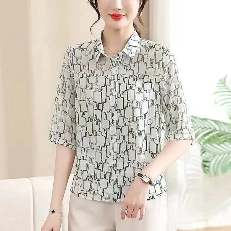 2024 Summer Women\'s New Patchwork Polo Shirts Button Printing Fashion Loose Comfortable All-match Half Sleeves Blouses Shirts