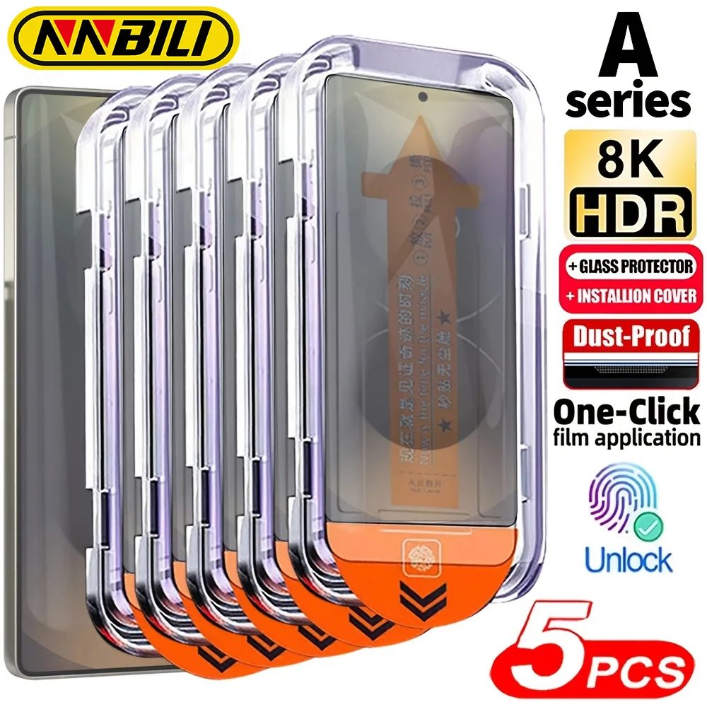 NNBILI 5pcs Ultra Clear Full Screen Protector for Samsung for Galaxy A15 A16 A73 A33 5G A71 A51 S21 One Click Installation Glass