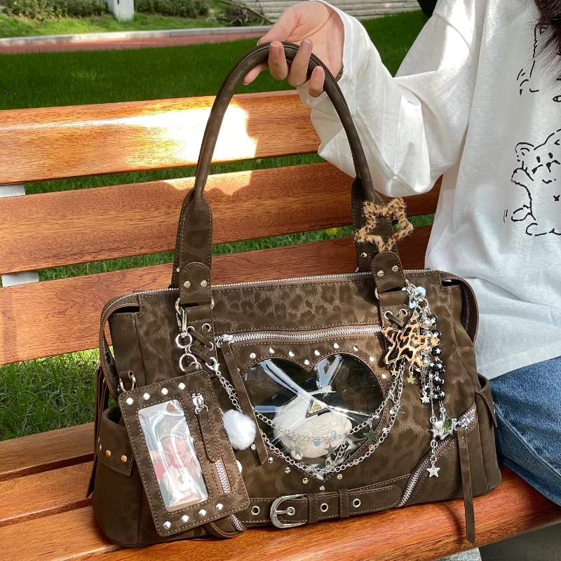 Y2k Gothic Rivet Leopard Leather Handbag Transparent Window Heart Shaped Large Capacity Tote Bag Retro Commuter Crossbody Bag