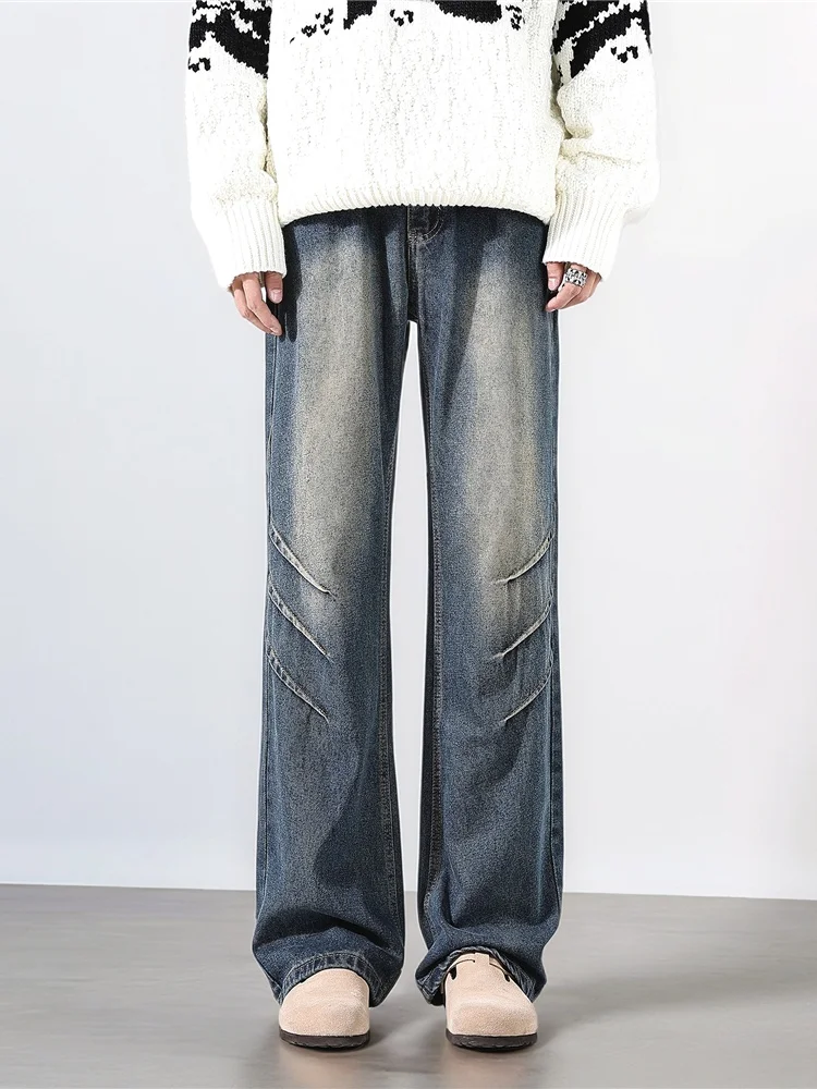 

Мужские джинсы Waed Vintage с дизайнерскими складками, американские, в стиле High Street, CleanFit, прямые, весна-осень, с эффектом потертости