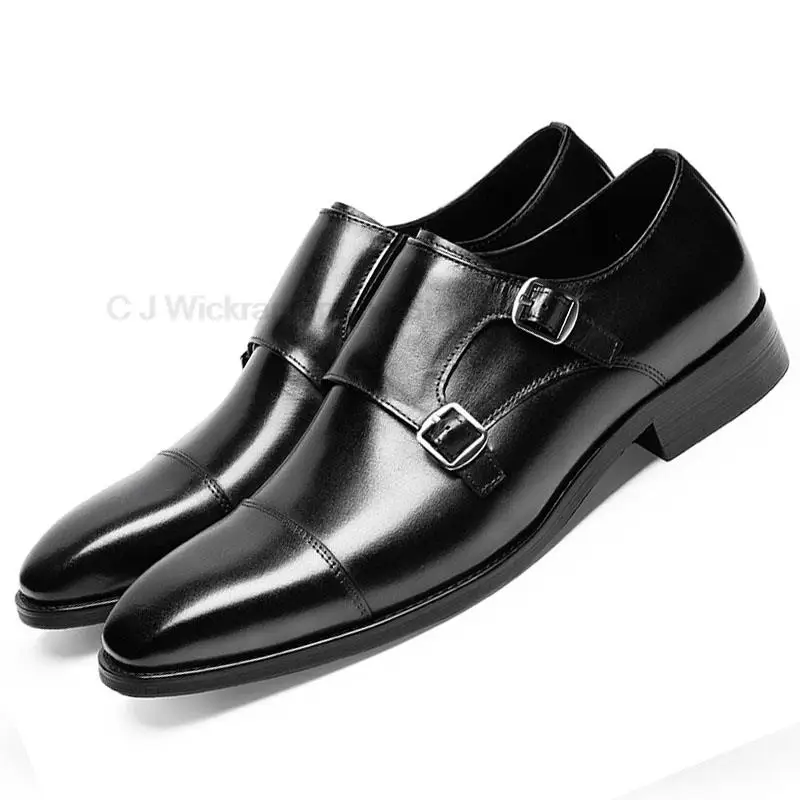 HKDQ Mens Oxford Shoes Genuine Leather Casual Shoes Cap Toe Double Buckle Monk Strap Classic Dress Shoes Black Brown Shoes Men