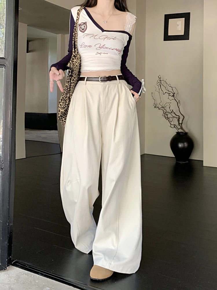 

Women's Summer Casual Streetwear High Waist Wide Leg Straight Pants Lady Solid Color Loose Long Pants