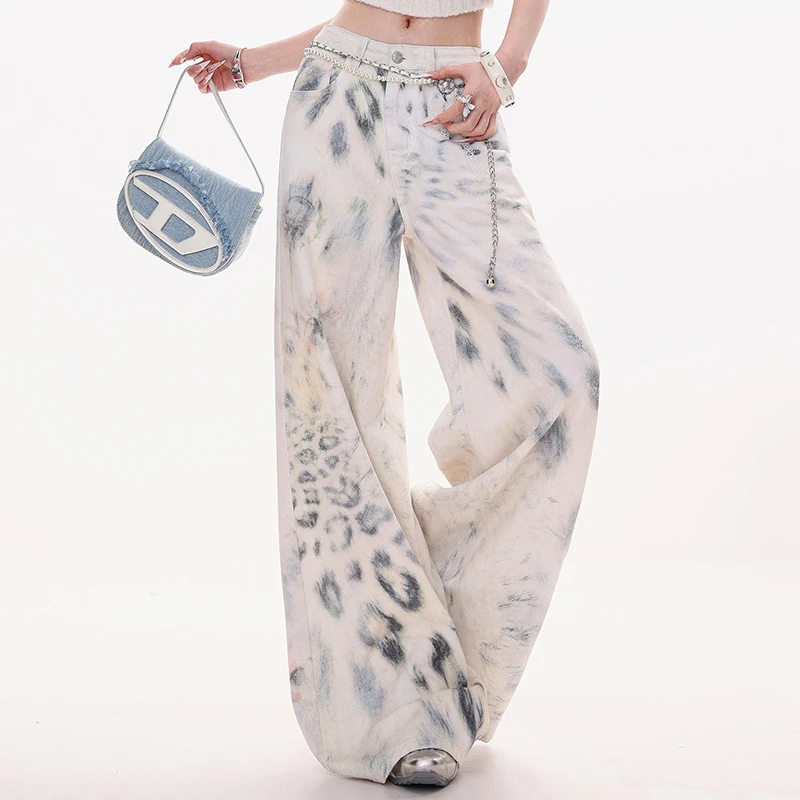 

2026 New Spring Fashion European Style Women Leopard Cotton Denim Full Length Jeans Button Fly Waist Loose Wide Leg Jeans T176