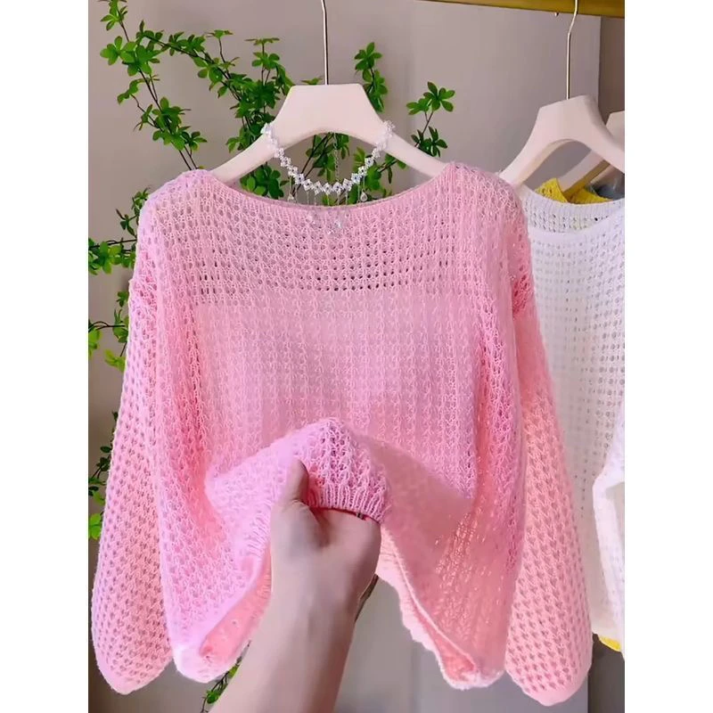 

Ladies' Knitted Hollow out Long Sve Top Thin Loose Sle Korean Faion Spring Summer New Arrival Sun Protection irt