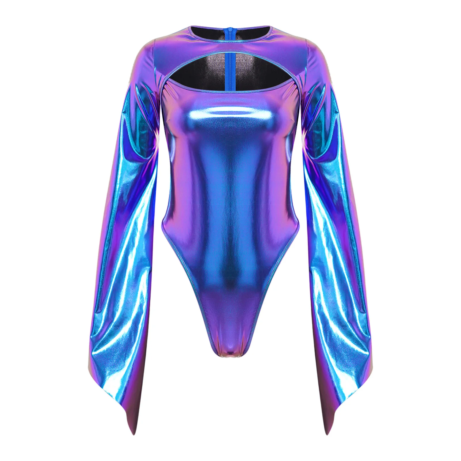 Femmes Halloween fête carnaval fête Clubwear Disco Costume brillant Rave Cosplay chanteur body métallique manches évasées justaucorps