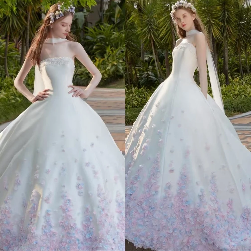 

Customized Elegant Satin Wedding Dress Formal Strapless Sleeveless Bridal Gowns Delicate A-Line Appliques Bespoke Occasion Gowns