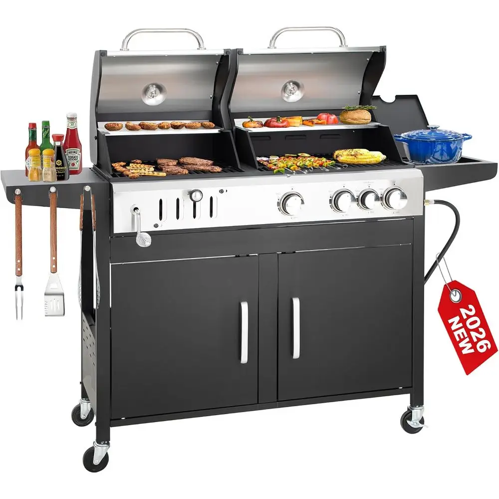 Triple-Fuel Grill Combo with Side Burner, 685 Sq In Cooking, 37,000 BTU Output, Enamel-Covered Cast Iron Grates