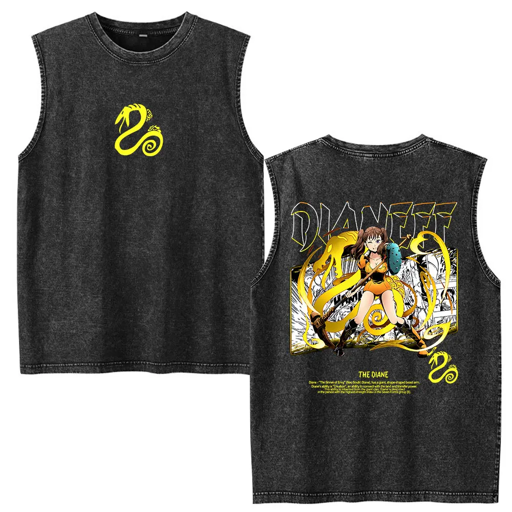 Anime The Seven Deadly Sins Diane Vintage Washed Tank Tops T Shirt Men Women Clothing Casual 100% Cotton Sleeveless Vest T-shirt