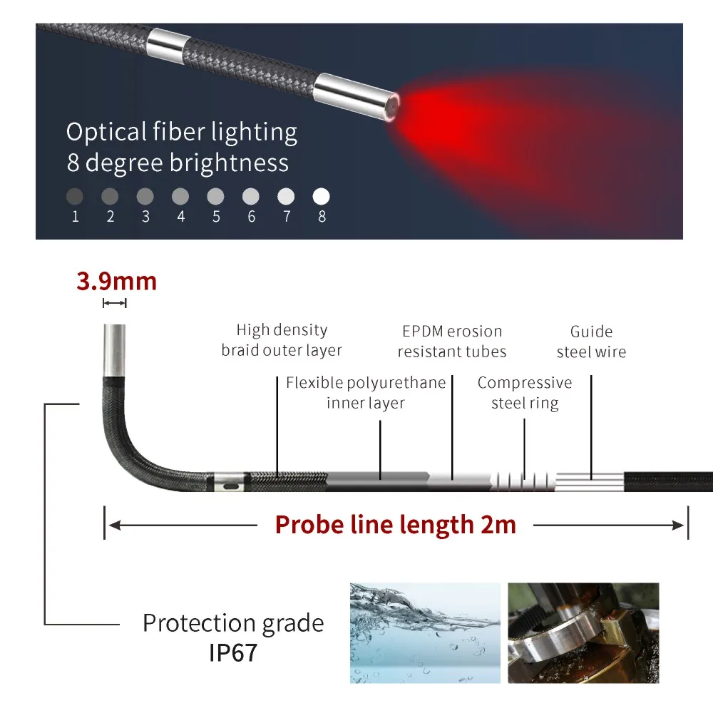 360 Degree Steering Industrial Endoscope,39mm IP67 Waterproof Led Articulating  Borescope ,5'' Screen Endoscopic 2m
