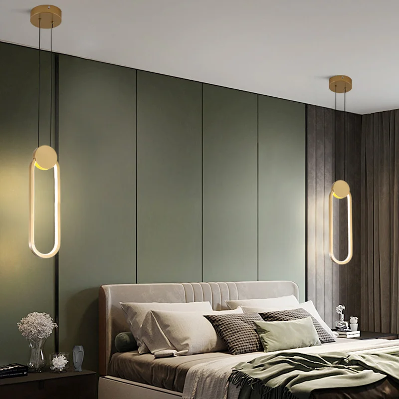 Nordic LED Pendant Light Bedside Long Modern Chandelier Bedroom Gold Brass Pendant Lamp Three-Color Dimming Decor Light Fixtures