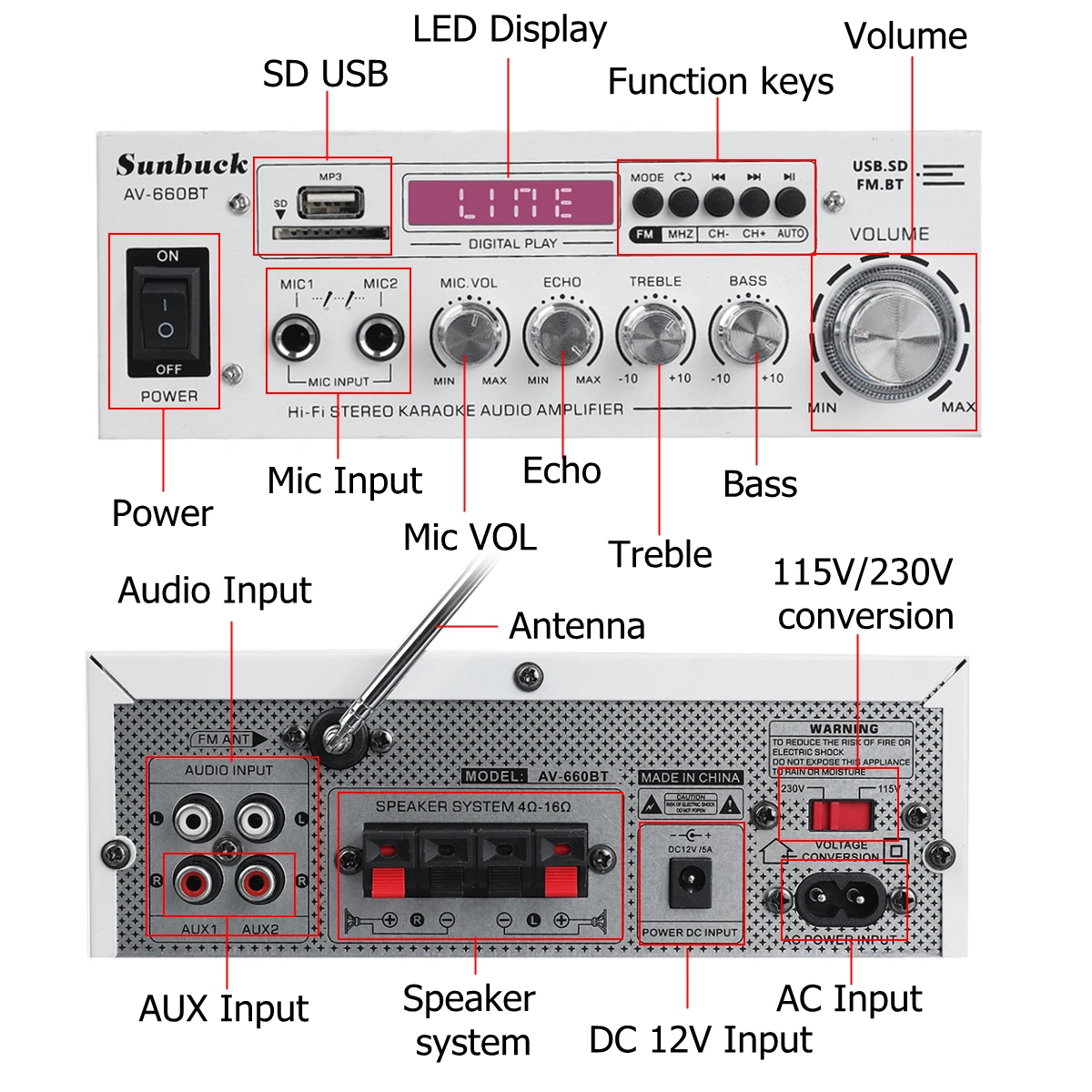 AMPLIFICADOR DE POTENCIA para coche, amplificadores de Audio para cine en casa de 2,0 canales, CC de 12V, 110V/220V, compatible con EQ, FM, SD, USB, 2 micrófonos, 5,0, bluetooth