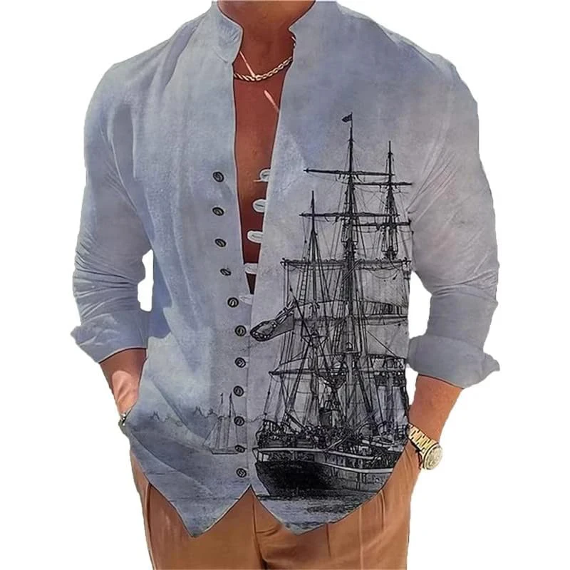 Vintage Sailboat Shirts Men Fashion Casual Single Breasted Shirt Male Outdoor Standing Collar Long Sleeve Tops Homme Camisas