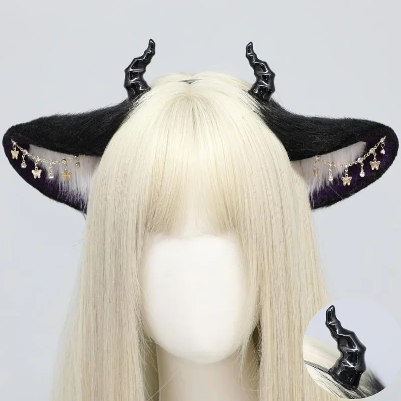 

New Arrival Plush Halloween Props Horn Devil Bell Hair Hoop Simulation Beast Ear Detachable cosplay Dark Hair Accessories