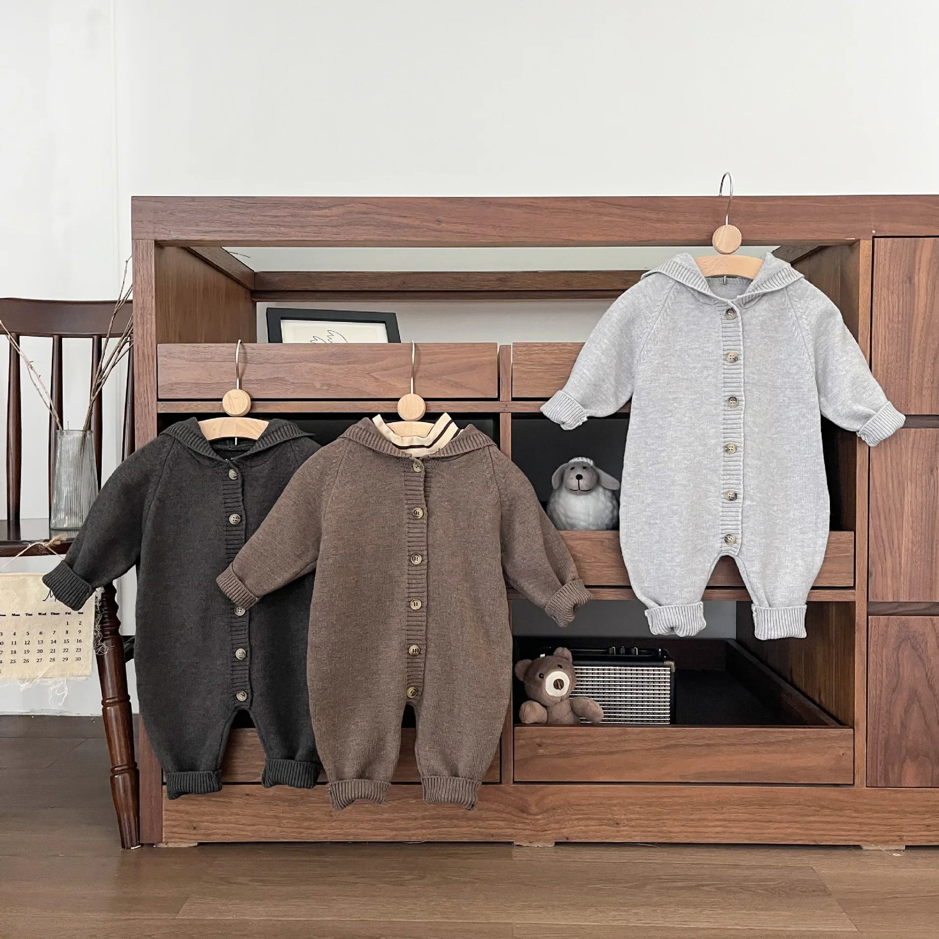 4621 ملابس الطفل 2024 الخريف محبوك الكرتون الصبي بذلة لطيف أرنب الأذن الفتاة تسلق الملابس