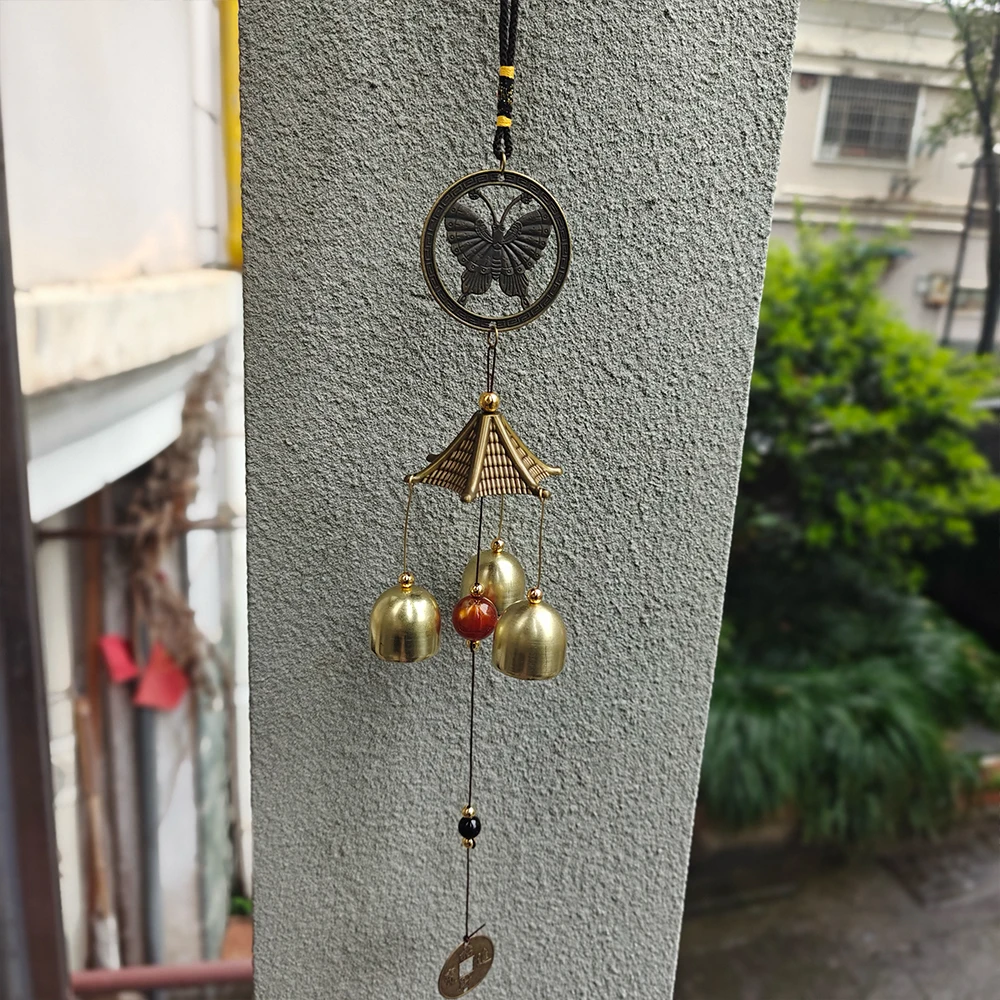 1 pièce Carillon à vent porte-bonheur Feng Shui, clochettes chinoises suspendues pour jardin, avec pièces de monnaie, clochettes métalliques, papillon et chat