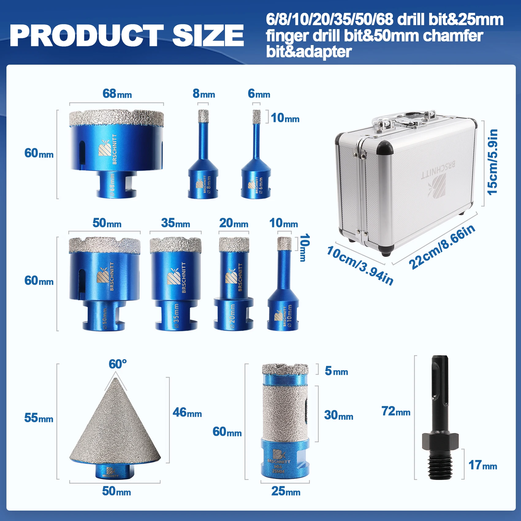 BRSCHNITT 10-tlg Diamantbohrerset mit M14 Gewinde, Lochsäge & Kernbohrer zum Bohren von Keramik, Fliesen, Marmor & Granit, Professioneller Fliesenschneider – Detail 5