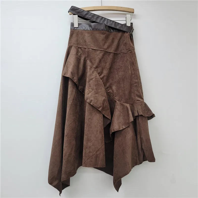 VGH Hot Girl Style Irregular Deerskin Velvet Skirt for Women High Waist  Spliced Ruffles A Line Versatile Slimming Skirts Female