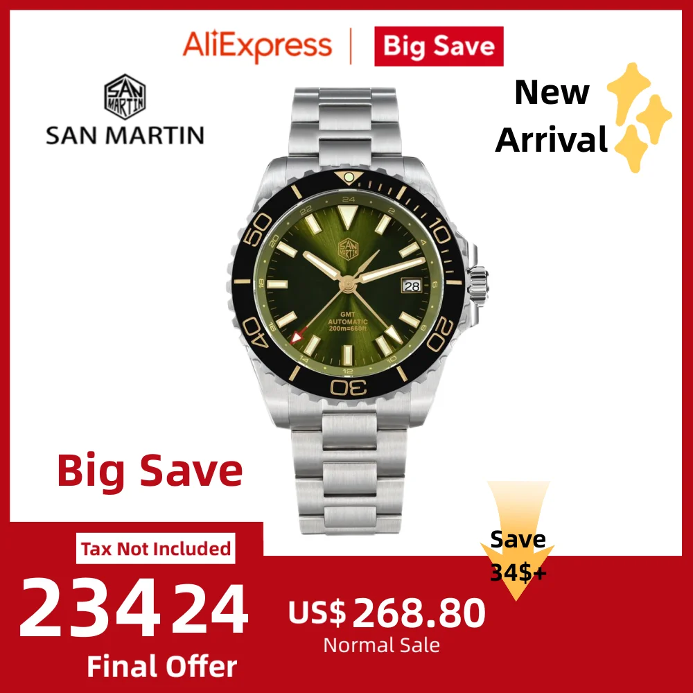 

San Martin 39mm Automatic NH34 Men's Watch Sport GMT Diving 20Bar Enamel Dial Sapphire AR Self Winding Wristwatch Montre SN0136