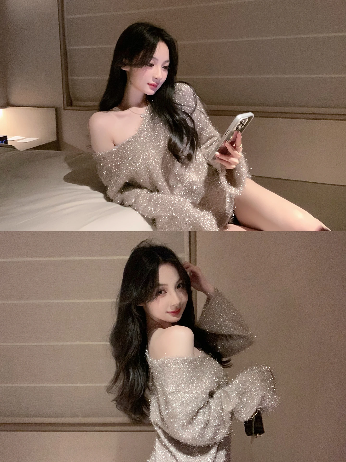 

iny oulder Bared Sweater Women's Lazy Sle Base irt Inner Wear Winter New Arrival ZhouYeye Sweet Sle Long Sve Swe...