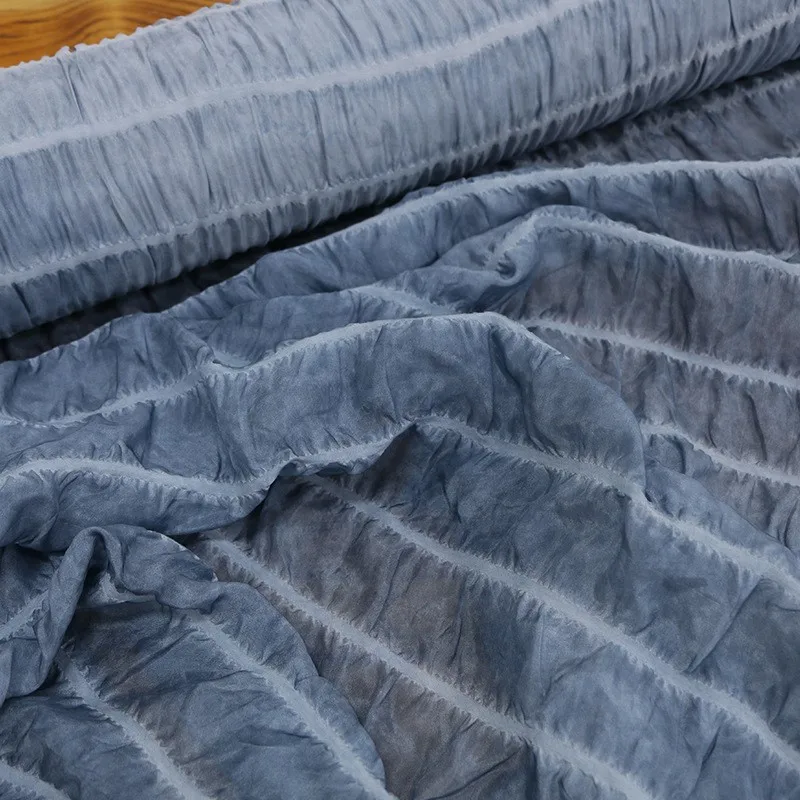 

Dirty grey-blue dyed silk elastic horizontal striped bubble crepe fabric