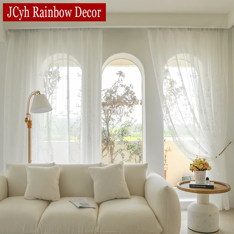 White Embroidery Tulle Voile Curtains for Living Room Girls Bedroom Modern Sheer Curtain for Windows Door Gauze Cortinas Fabric